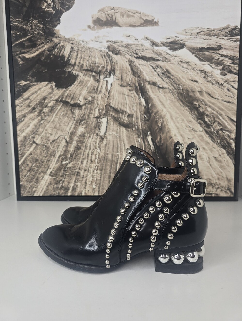 Jeffrey Campbell Black Studded Ankle Boots Rylance Leather Booties Rocker EUC - Picture 6 of 9